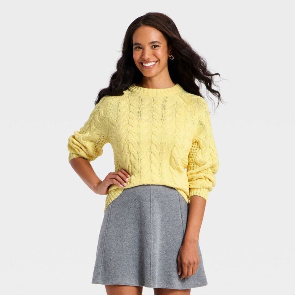 Women's Round Neck Cable Sweater - A New Day Yellow XS